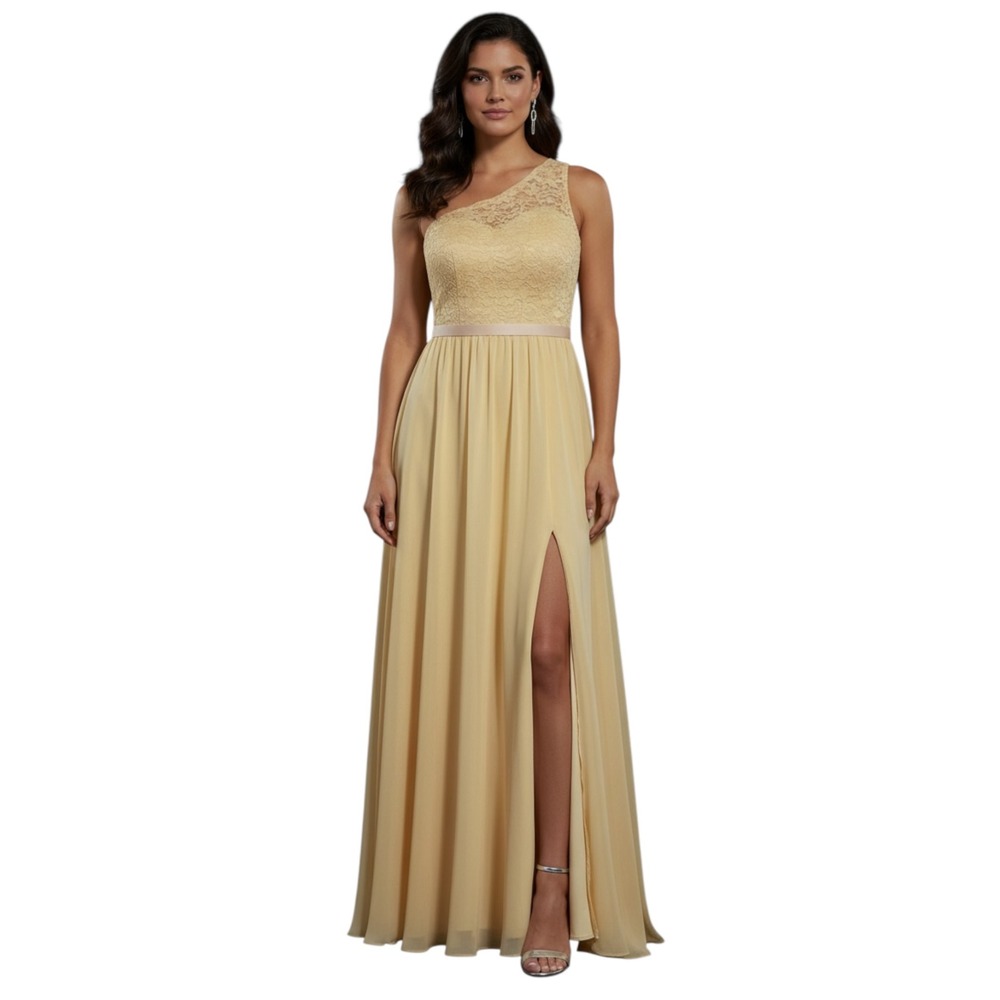 Yellow One-Shoulder Bridesmaid Prom Gown Lace Bodice, Chiffon Skirt, Side Slit